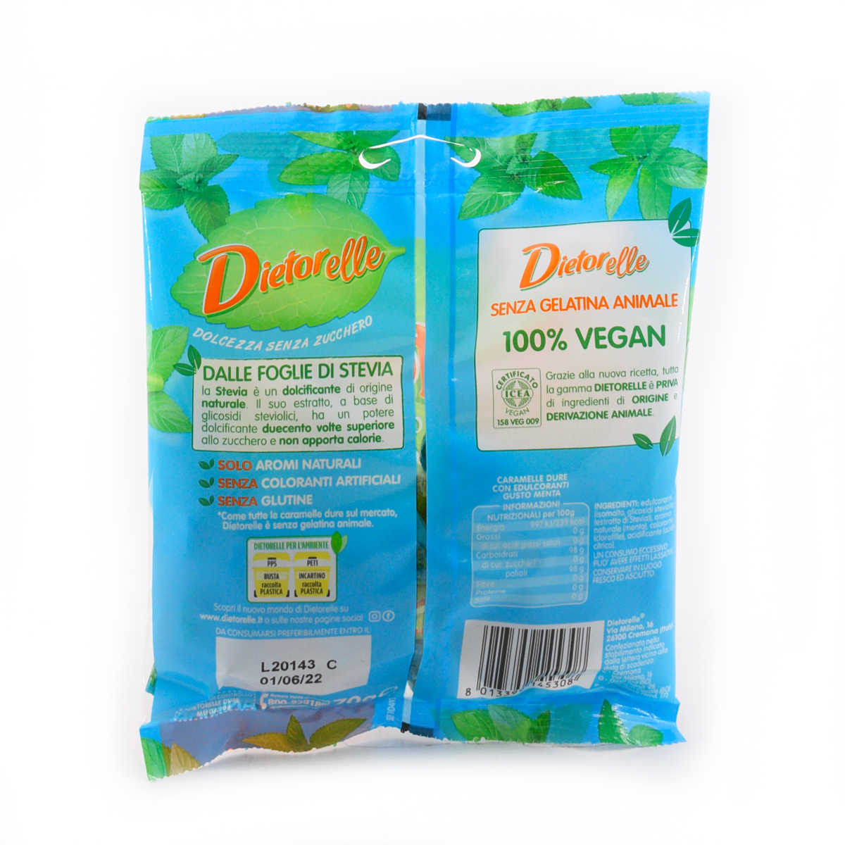Dietorelle Caramelle Dure Gusto Menta Senza Zucchero, con Estratto di