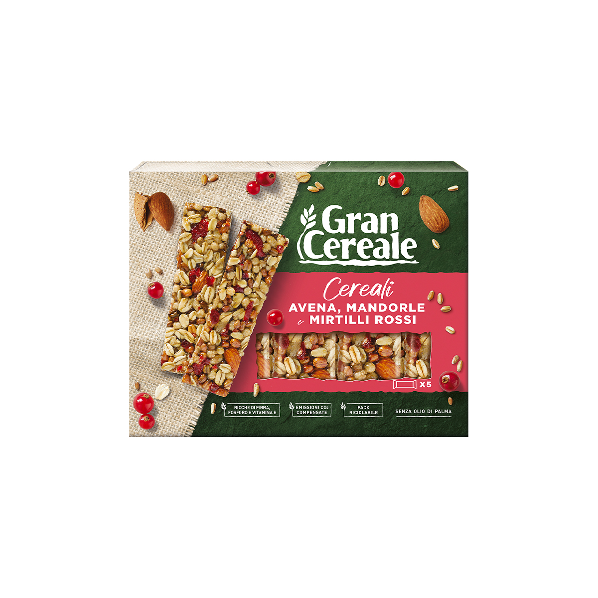 Gran Cereale 5 Barrette di Cereali, Avena, Mandorle e Mirtilli Rossi